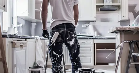 A man painting a damage house with paint brush in hand 